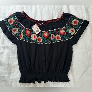 Free People Floral Embroidered Off The Shoulder Peasant Top